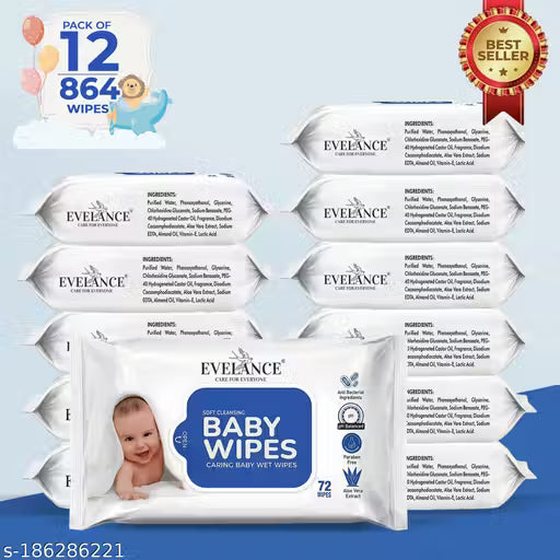 EVELANCE Ultra-Gentle Baby Wet Wipes Without Lid | Enriched with Aloe Vera | Paraben-Free | 72 Wipes per Pack (Pack of 12, Total 864 Wipes)