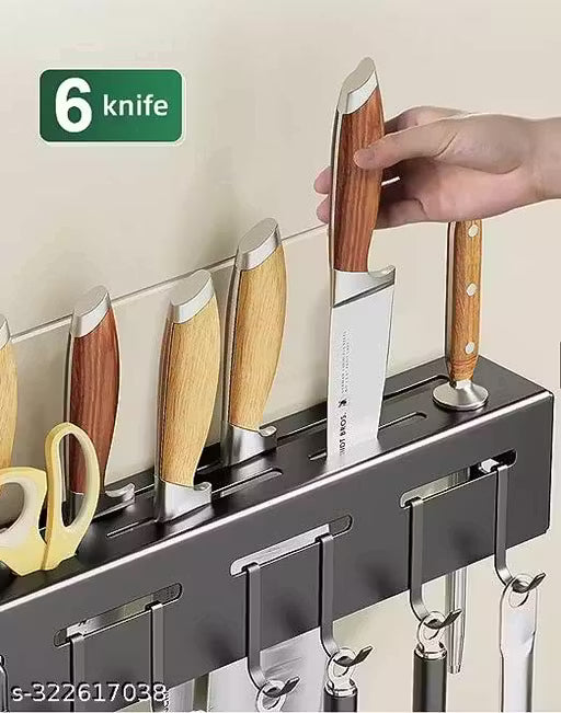 WE CLEVER Kitchen Shelf ADVANCED NON RUST STAINLESS STEEL ALLOY Wall Mount Knife Holder ,Towel Hanger , Spatula Ladle Hanging Hooks , Cutlery Holder Storage Rack High Grade Metal Multi-Purpose (40 x 5.5 x 7cm)