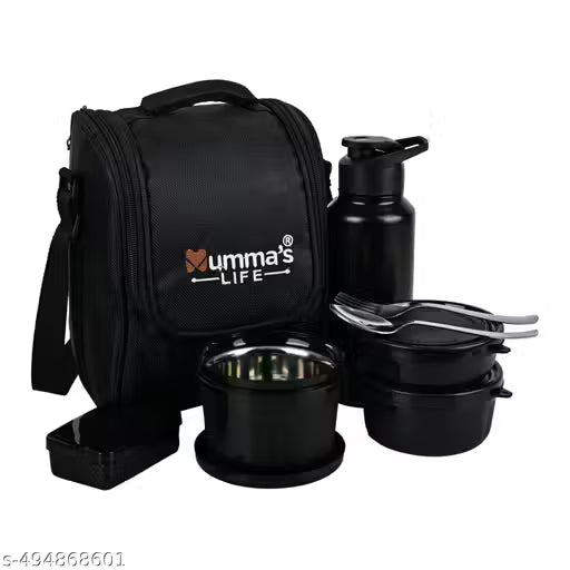 Mumma's LIFE Lunch Box with Steel Cutlery, 3 Microwave Safe Inner Steel Containers (250ml, 400ml, 600ml) Plastic Chutney Dabba 130ml, Steel Bottle 750ml with Insulated Bag, Office Tiffin, Black