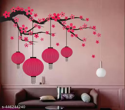 Decor Villa diwali special branches and Lamps flowers sticker big size wall sticker for Home Office etc