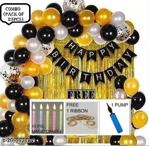 appy Birthday Combo Kit with Happy Birthday Black Banner + 2 Golden Curtain + Golden Black And White Hd Metallic Balloon Pack Of 20 + And Megic Candle+Ribben+Pump Free For Decoration Item