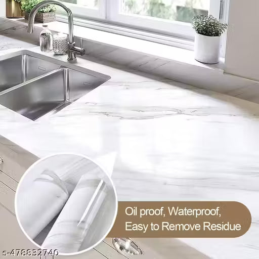 Self-Adhesive Wallpaper Waterproof Old Furniture Vinyl Stickers Wooden Door Wardrobe Desktop PVC Wall Papers(White Marble-PACK OF 2)