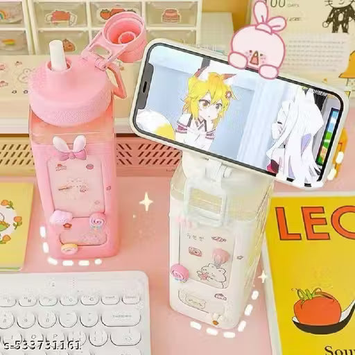 1 Pc Kawaii Water Bottle with Straw and Sticker, Kawaii Bear Water Bottle, Large Sport Plastic Portable Square Drinking Bottle for Girl, Cute Juice Tea Water Cups