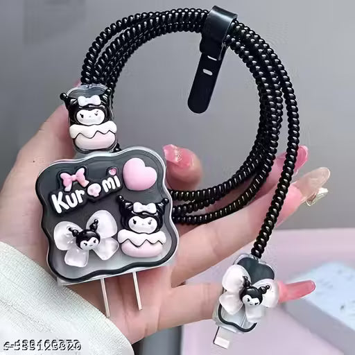 KNJ Kuromi 3D Cartoon Charger Cover | iOS Starter Adapter & Cable Protector | Cute Black & Pink Design