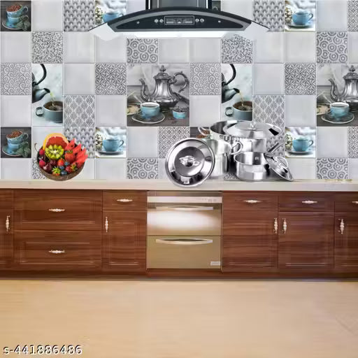 KWES _Buy 1 Get 3 Kitchen Wallpaper Pack Of 4 Wallpaper For Kitchen Wall | Cup Plate Wallpaper | Wall Sticker For Kitchen | WaterProof Oil Proof Wallpaper Grey Kitchen Ketli Wallpaper