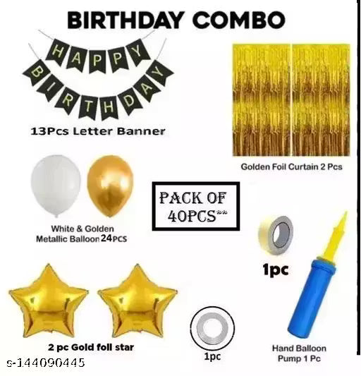 Happy Birthday Decoration-1 BANNER 2 STAR GOLD 30 BALLOON GOLD BLACK SILVER 1 ARCH 1 GLUE 1 RIBBON 1 PUMP