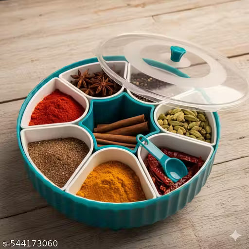 360° Rotating Masala Box for Kitchen | 7 Compartment Airtight Spice Organizer with Spoon | Plastic Masala Dabba for Indian Kitchen