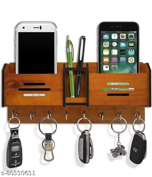 Visu Crafts Wooden Key And Mobile Holder Alphabet N Wood Key Holder (6 Hooks, Brown)