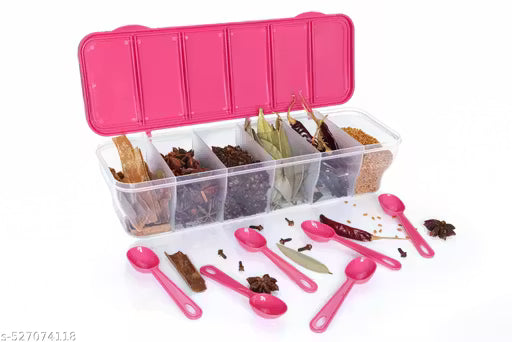 6-in-1 Masala Box for Kitchen, Airtight BPA-Free Plastic 6 Section Storage Container with 6 Spoons, 1800 ml Transparent Pickle Box for Spices, Dry Fruits, Snack (Pack of 1) (pink)