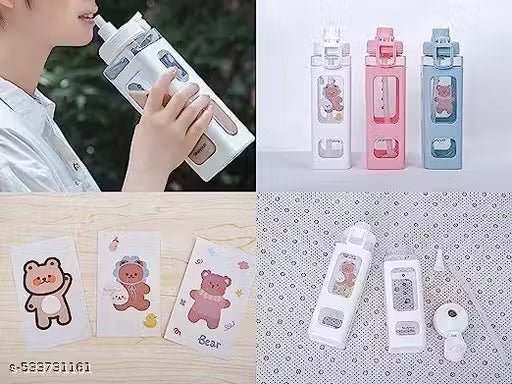 1 Pc Kawaii Water Bottle with Straw and Sticker, Kawaii Bear Water Bottle, Large Sport Plastic Portable Square Drinking Bottle for Girl, Cute Juice Tea Water Cups