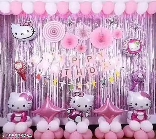 3,kitty birthday combo- 1 happy birthday banner, 3 kitty foil balloon, 2 pink reusable frill curtain, 1 silver star, 1 pink star, 10 pink balloon, 10 white balloon decoration