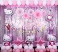 3,kitty birthday combo- 1 happy birthday banner, 3 kitty foil balloon, 2 pink reusable frill curtain, 1 silver star, 1 pink star, 10 pink balloon, 10 white balloon decoration